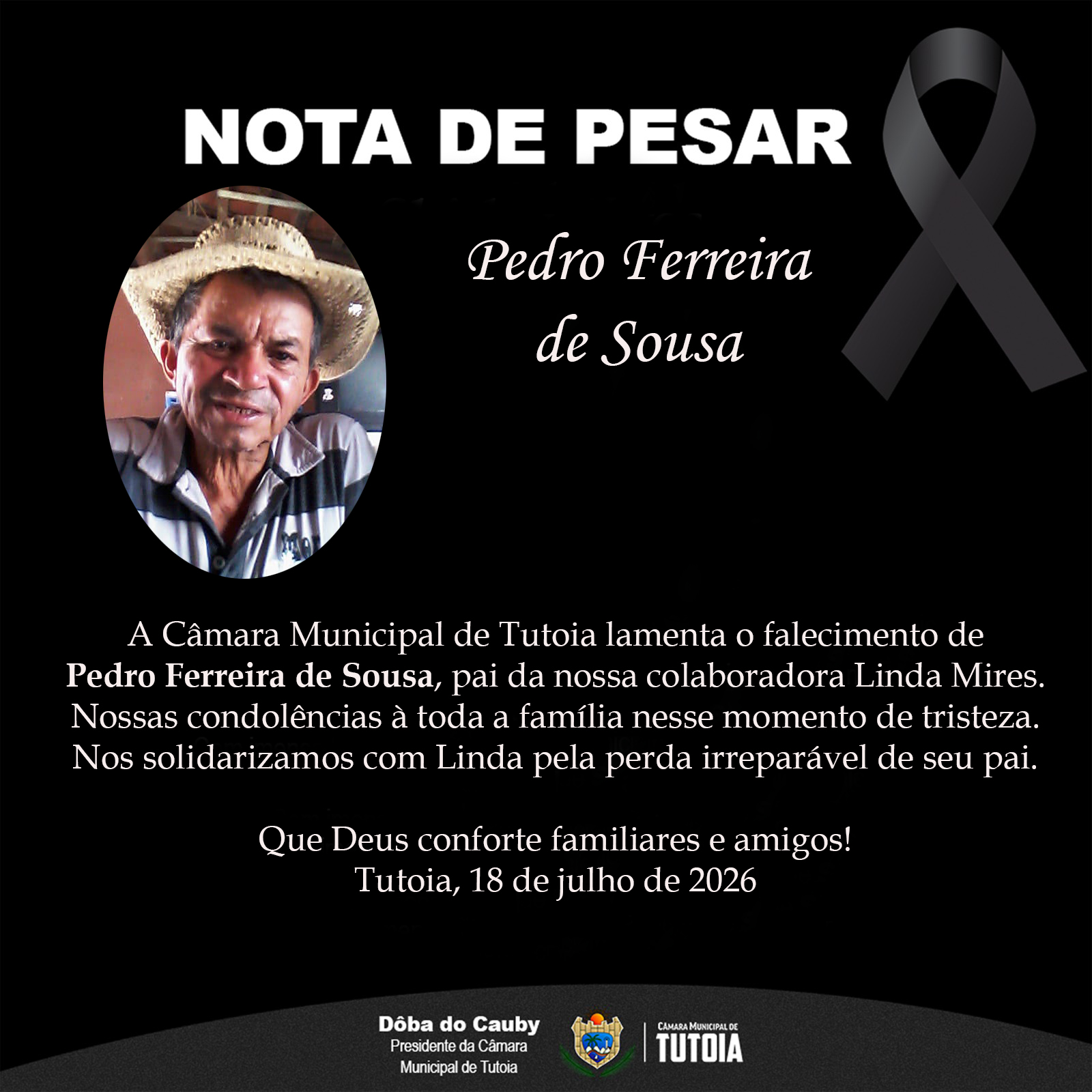Nota de pesar pelo falecimento de Pedro Ferreira de Sousa 